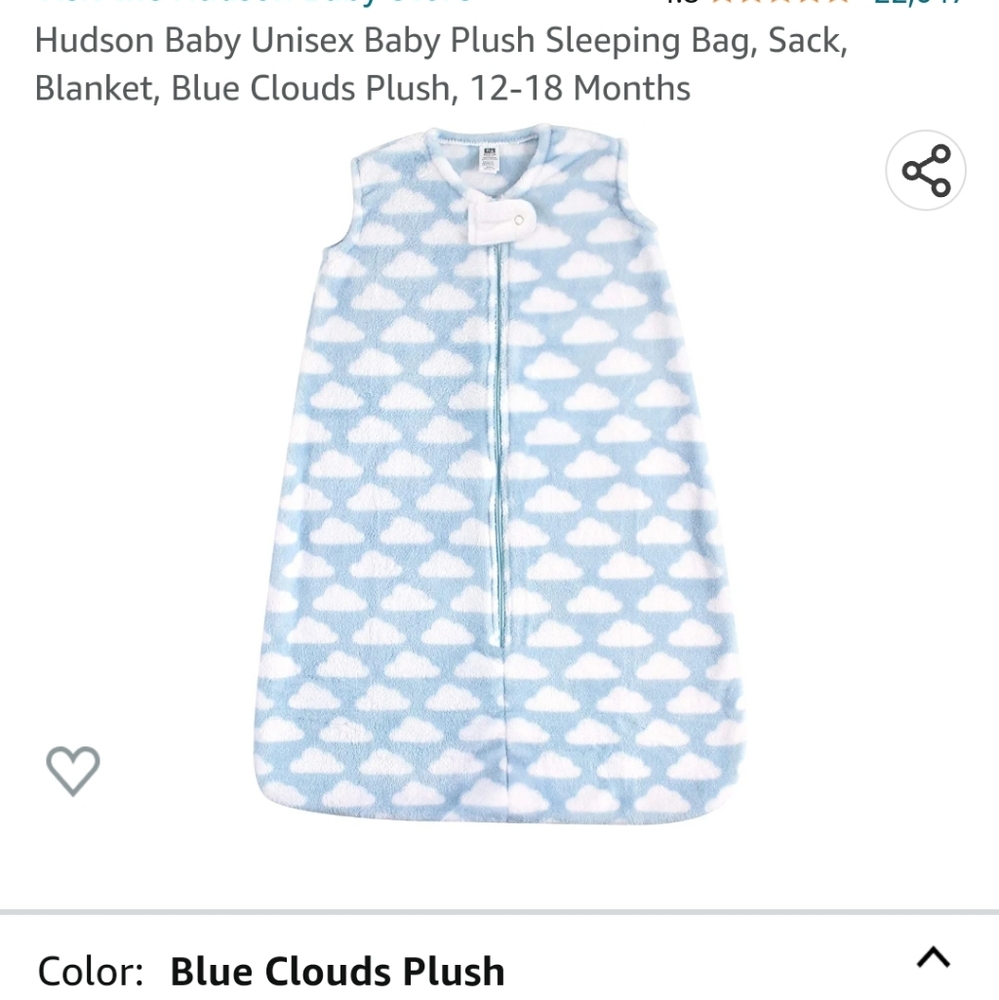 Hudson Baby Plush Sleeping Bag, Sack, Blanket, Blue clouds size 12-18 months new
